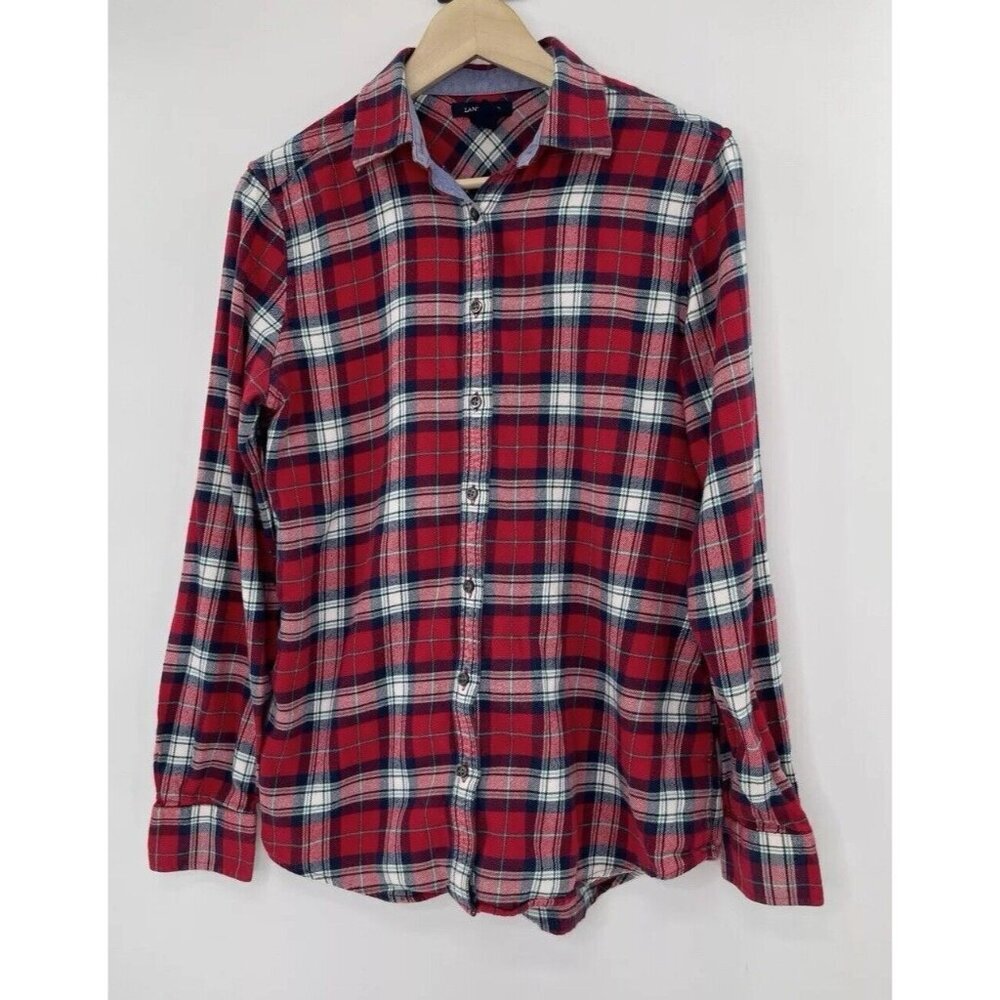 Lands’ End Women’s Red/Navy Plaid 100% Cotton Long Sleeve Flannel Shirt Sz Small